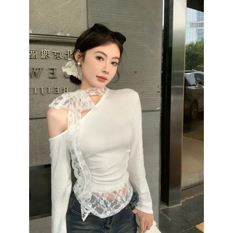 

Весна/лето, женский кружевной топ на шнуровке с перекрестными плечами и длинными рукавами, новинка 2025, модная сексуальная рубашка с тонкой подошвой для ночного клуба