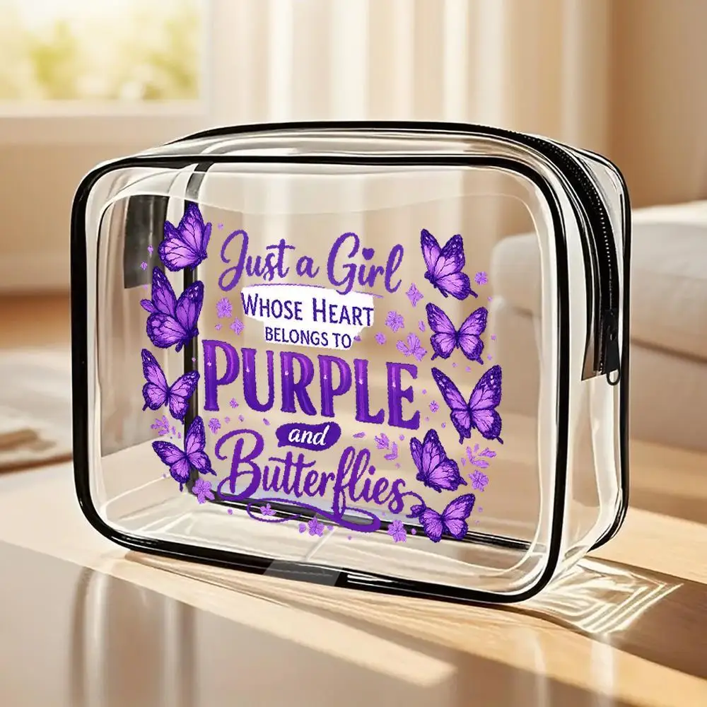 

Makeup Bag Within Storage Bags Purple Butterflies Clear Pvc Cosmetic Bag Whimsical Typographic Design with Purple Floral Accents