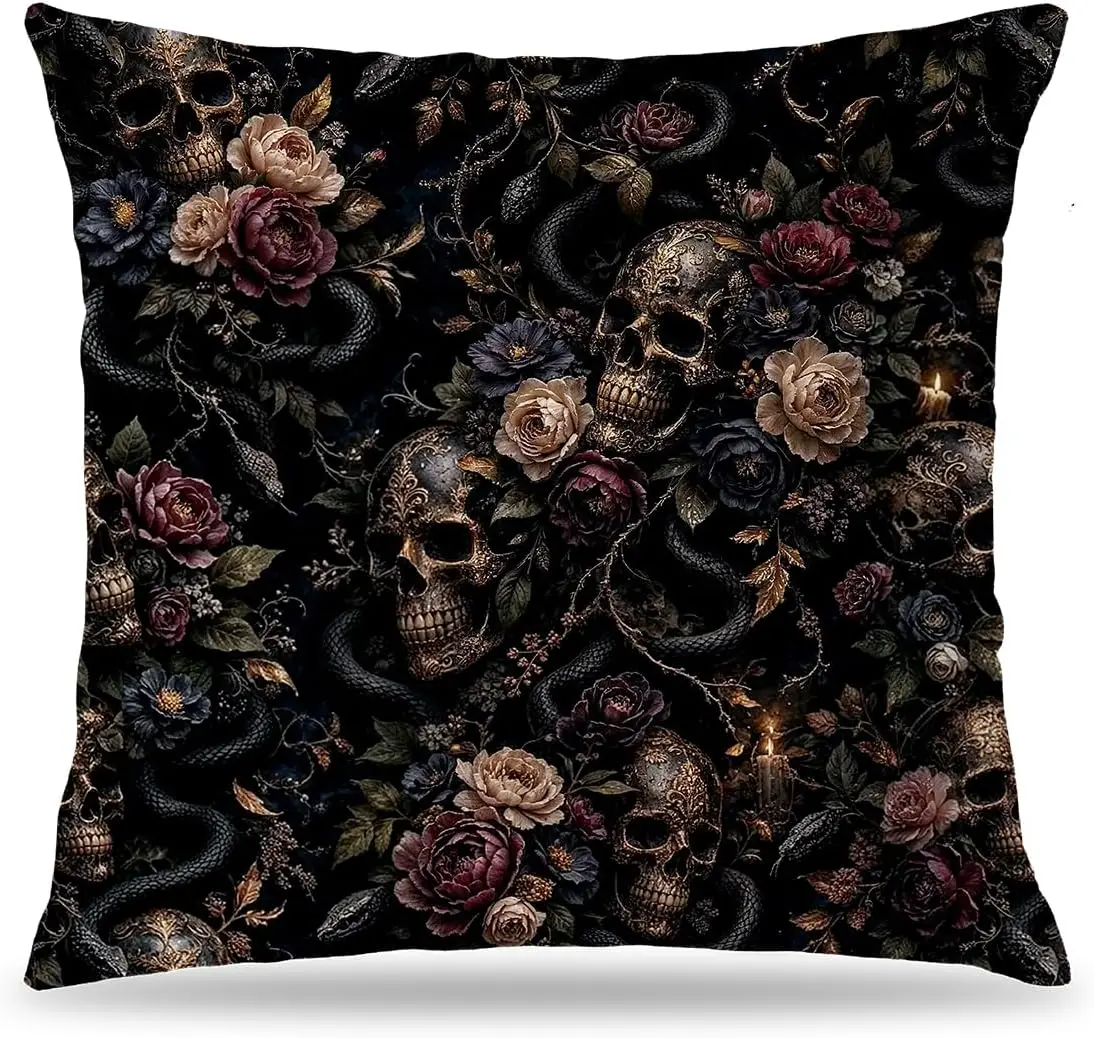 Whimsigoth Gothic Skull Snake Floral Throw Pillow Cover 18x18 | Romantic Goth Decor, Dark Academia Witchy Gothic Decorative