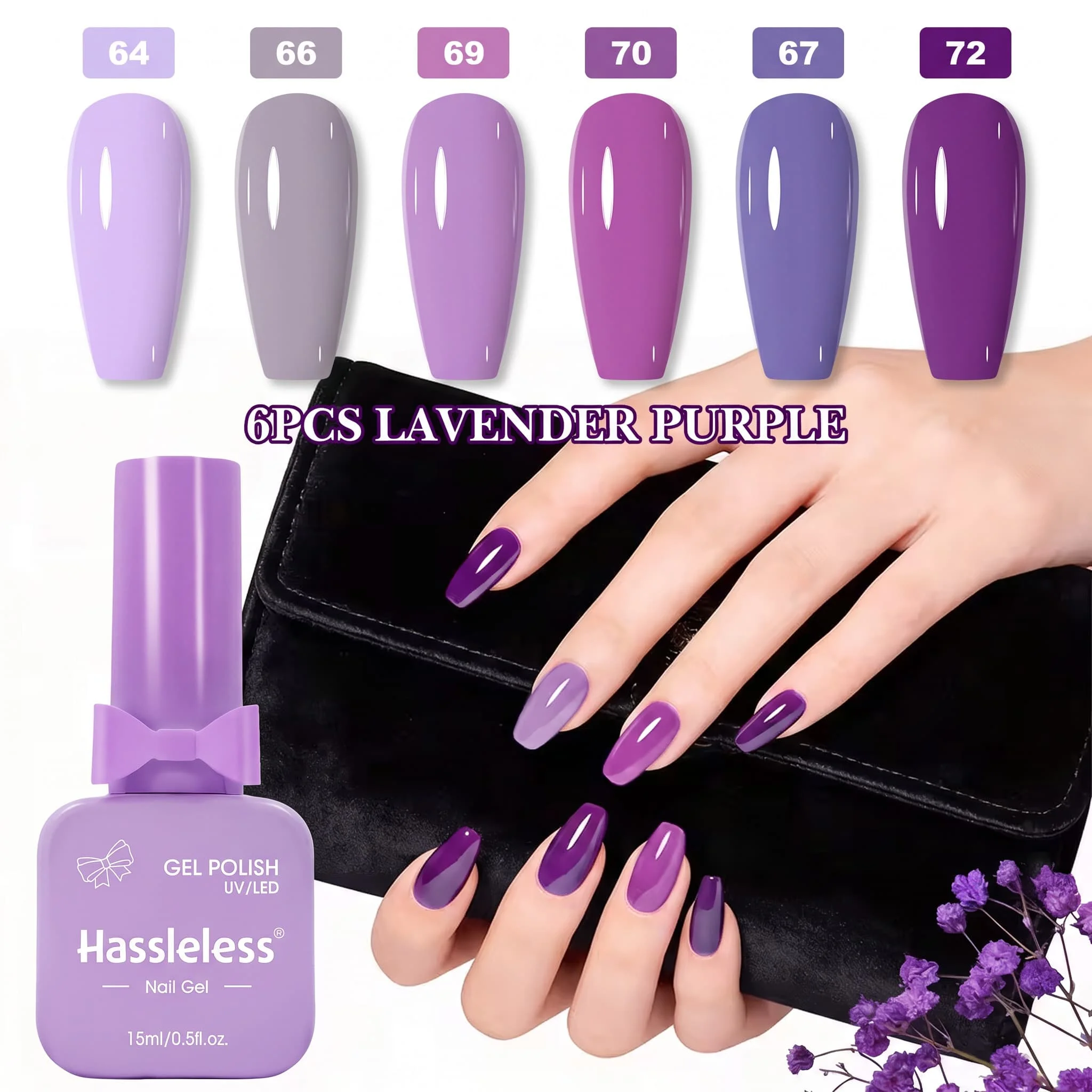 Hassleless 6-Piece Lavender Purple Nail Polish Gel Set, Light Lilac Purple, Grayish Purple, Light Purple, Rose Purple, Blueish Purple, Deep Grape Purple Solid Color Nail Polish Gel, Salon-Grade Mirror-Like High Gloss with Full Color Payoff, DIY Nail Art Set