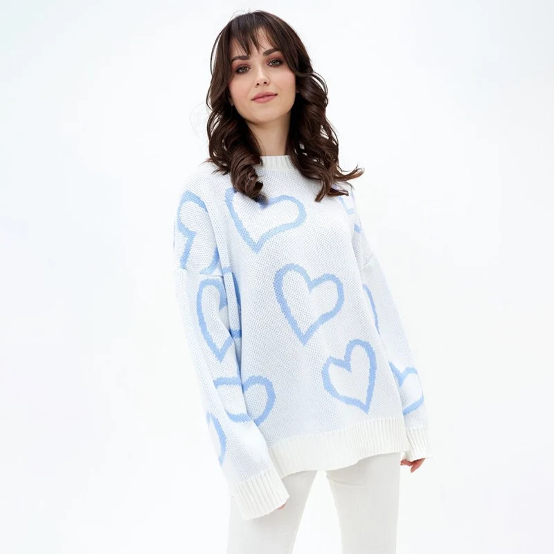 Pull Baggy imprimé cœur européen et américain pour femmes, pull tricoté de rue, couleur contrastée Y2K, col rond, automne