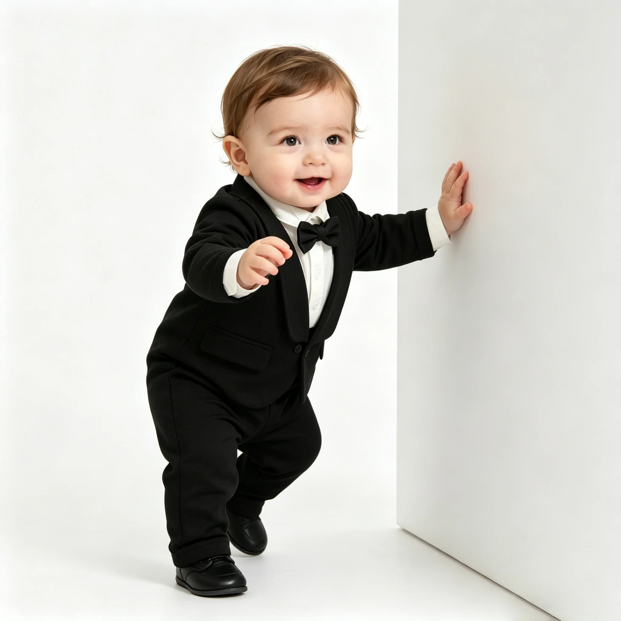 Toddler Baby Boy Black Tuxedo Romper Suit Fake Blazer Long Sleeve Jumpsuit With Bow Tie Wedding Baptism Gentleman Formal Outfit