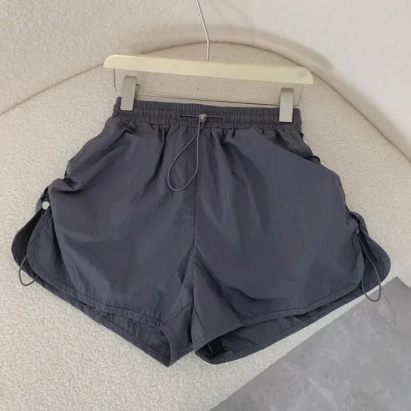 Y2K Drawstring Cargo Shorts Women Summer High Waist Loose Quick Drying Sports Shorts Female Solid Wide Leg Casual Short Pants