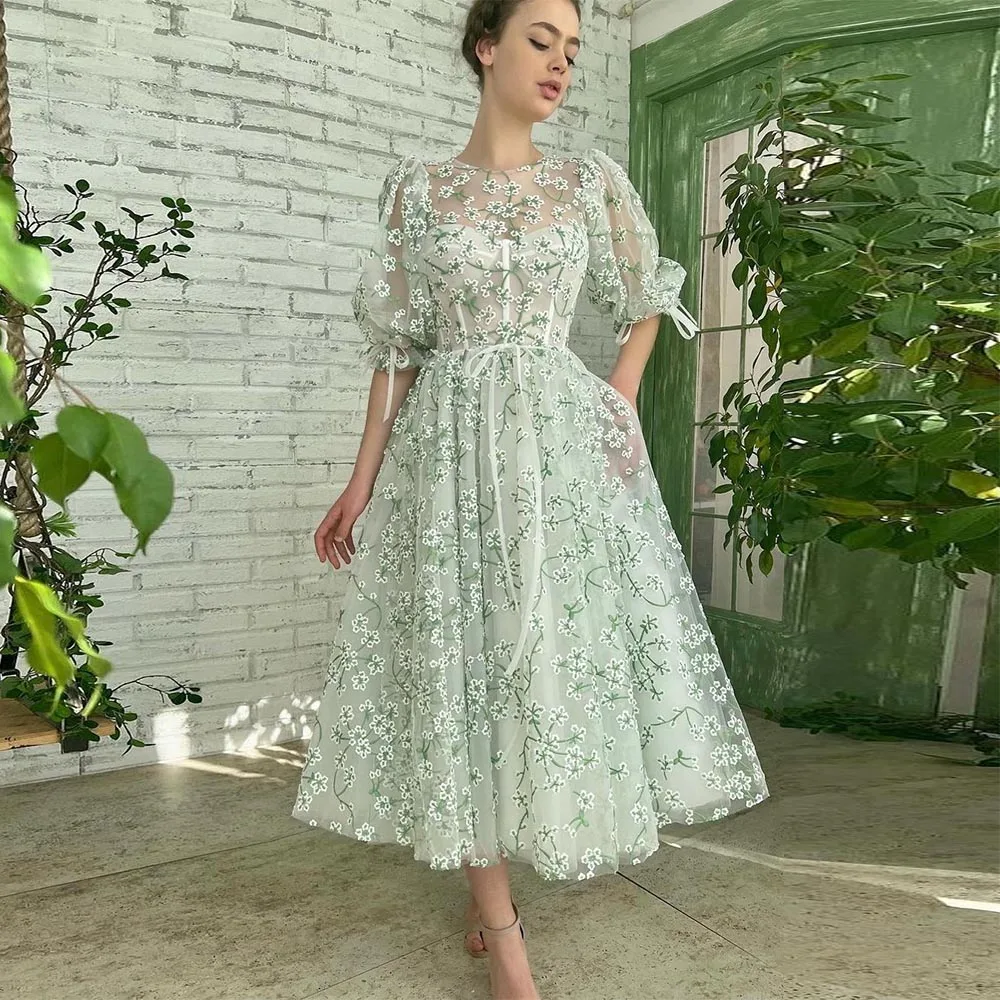 Sevintage Lace Appliques Embroidery Floral Prom Dresses Tea-Length A-Line Formal Party Dress Evening Gown With Pockets 2022