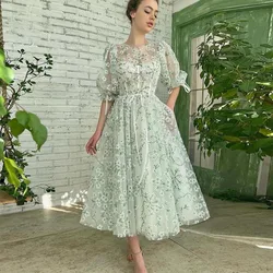 Sevintage Lace Appliques Embroidery Floral Prom Dresses Tea-Length A-Line Formal Party Dress Evening Gown With Pockets 2022