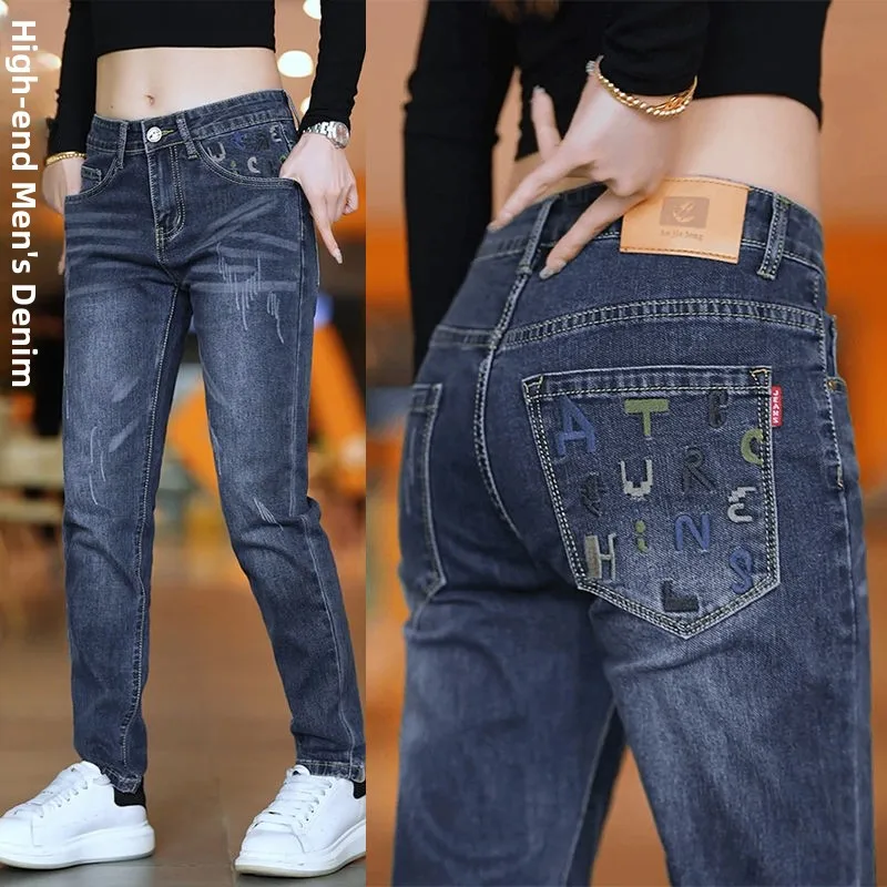 

Autumn Winter Men's Jeans Straight Loose New Long Casual Versatile Embroidered Slim Fit Jeans Youth ular Cotton Fabric