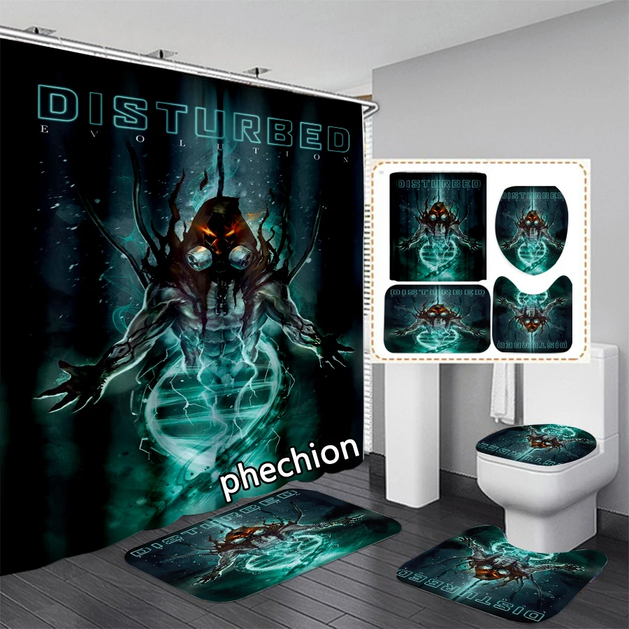 phechion Disturbed Rock Band 3D Print Shower Curtain Waterproof Bathroom Curtain Anti-slip Bath Mat Set Toilet Rugs VR351