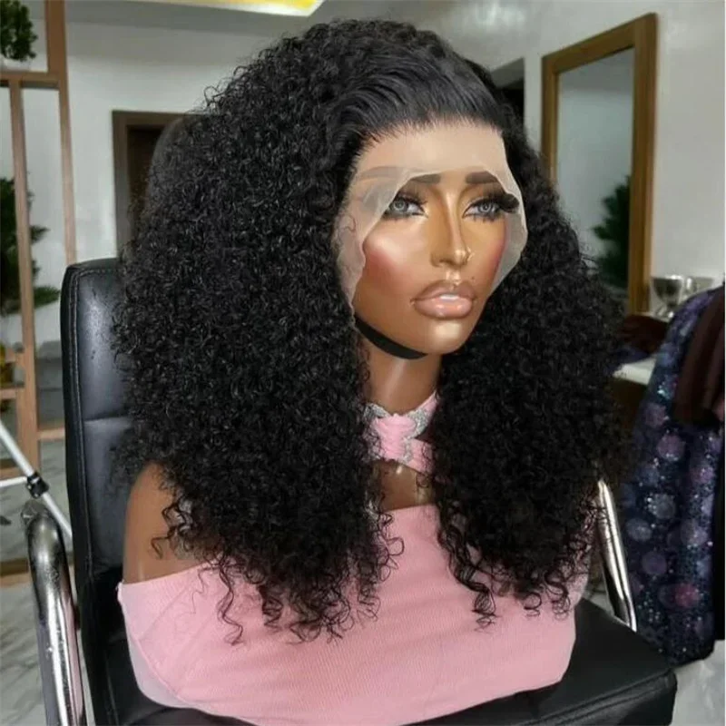 

Natural Black Soft 26Inch Long Kinky Curly Glueless 180% Density Deep Lace Frontal Wig For Black Women Babyhair Preplucked Daily