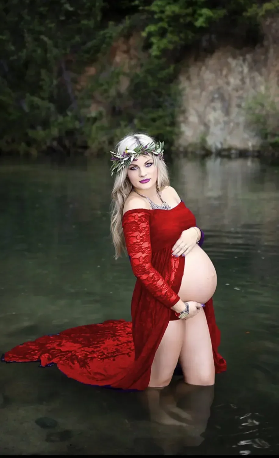 Gaun bersalin seksi untuk pemotretan gaun kehamilan lengan panjang berenda alat peraga fotografi gaun Maxi wanita hamil depan terpisah