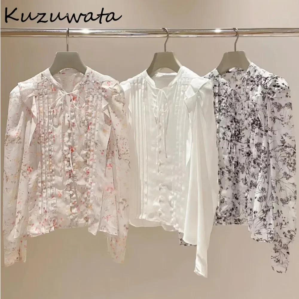 Kuzuwata Autumn New Stand Collar Puff Sleeve Print Shirt Women Lace Up Fresh All-match Blusas Japan Moda Ruffles Ruched Crop Top