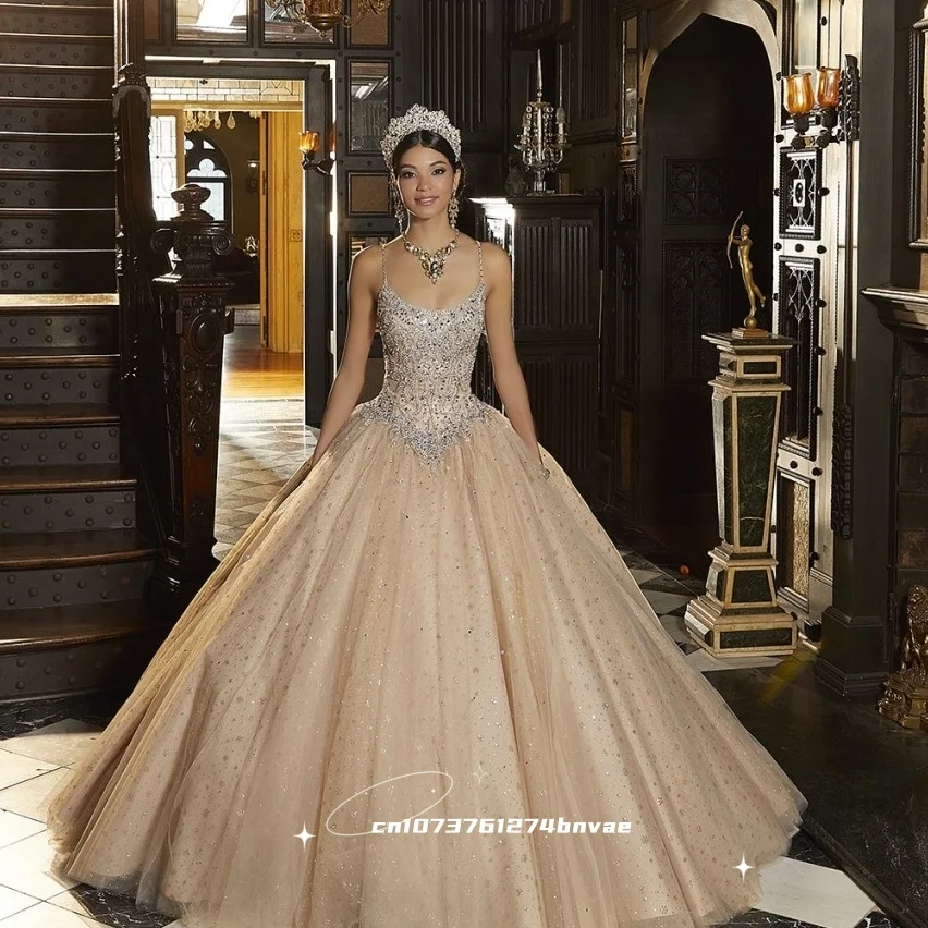 

Glitter Sequin Champagne Quinceanera Dress Beaded Spaghetti Straps Ball Gown Tulle Sweet 16 Dress 15 Anos Customized