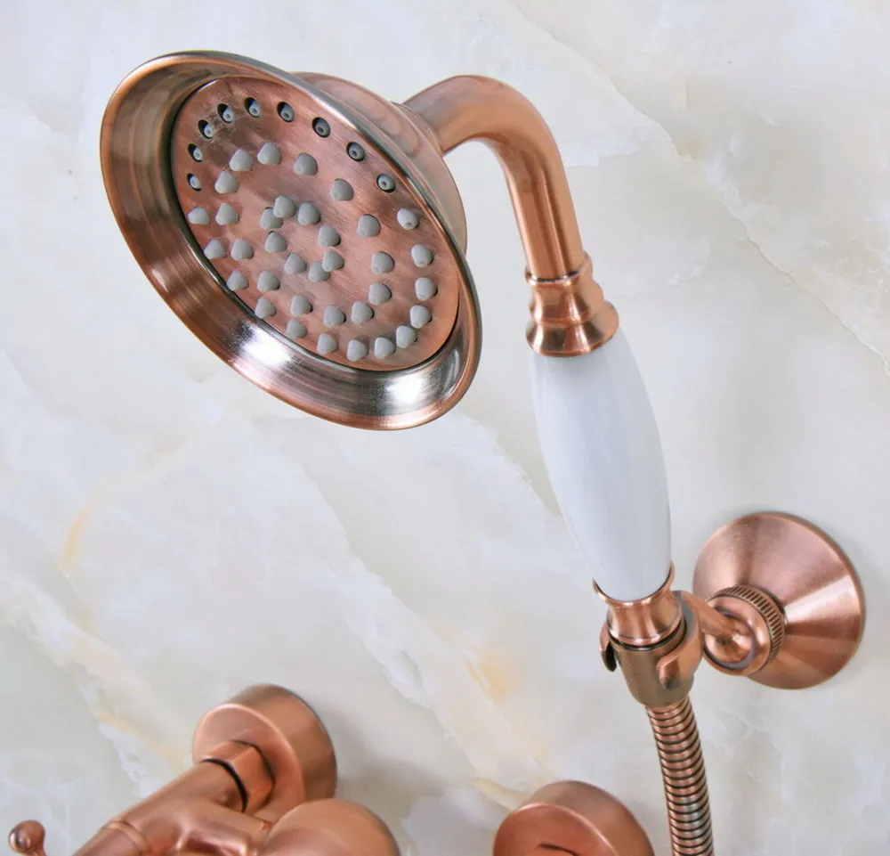 Antique Red Copper Brass Bathroom Hand Held Shower Faucet Set Bath Mixer Taps ana297