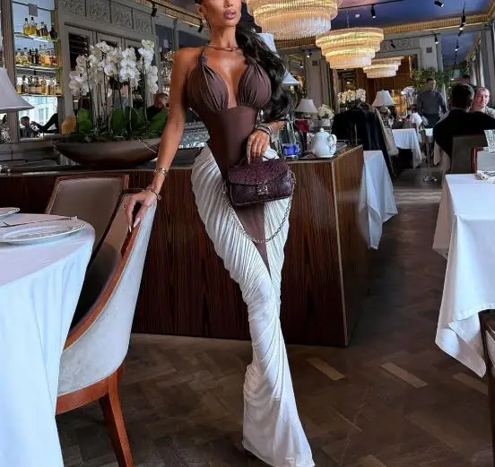 Womens Dresses 2026 Spring Autumn New Fashion Color Contrast Splicing Hanging Neck Sexy Backless Ruched High Waist Bag Hip Dress