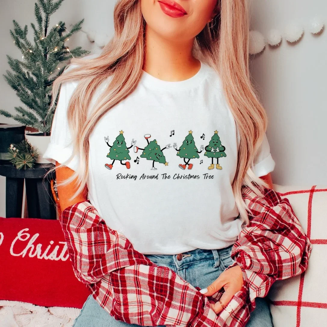 Funny Rocking Around The Christmas Tree Printed Pattern Women's Street O-Neck Casual Short Sleeve Printed Top Christmas T-Shirt