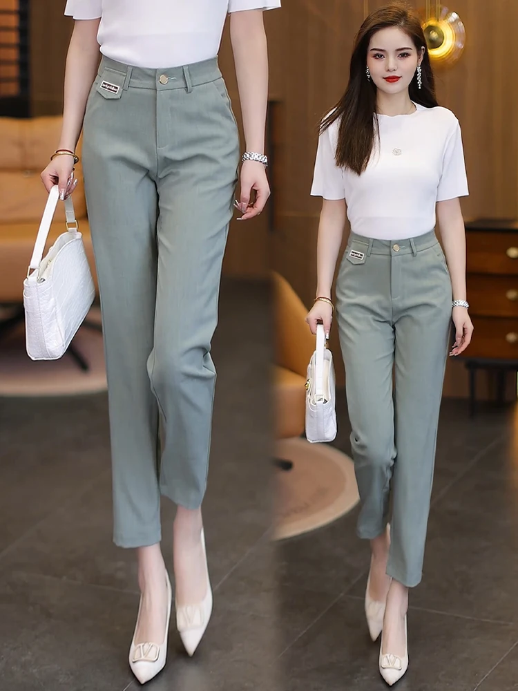 

Женские летние тонкие брюки-костюмные штаны с высокой талией, новинка, повседневные, из ледяного шелка, прямые, в корейском стиле, утягивающие, модель «Харлан»