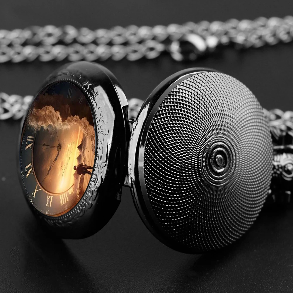 Relógio de bolso de quartzo steampunk para homens e mulheres, colar preto legal, pingente exclusivo, corrente do relógio, acessórios para presente criativo