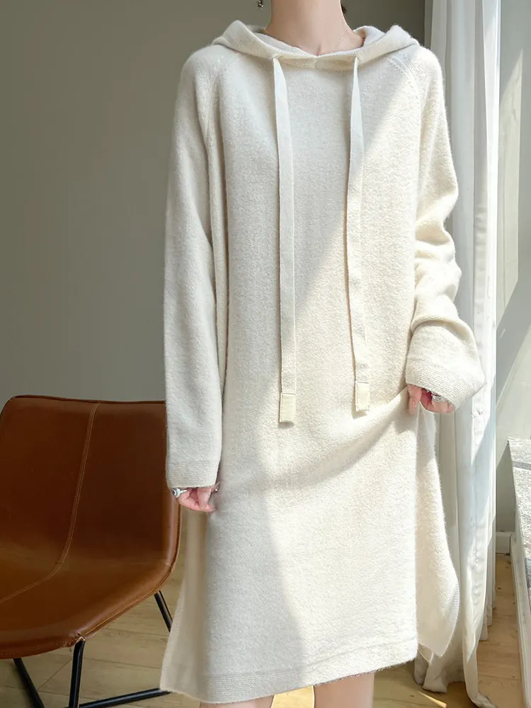 

Mid-length 100% pure cashmere sweater dress women's thick drawstring hooded sweater knee-length dress loose.