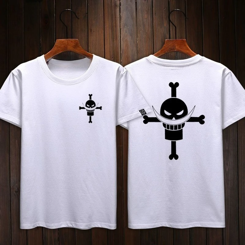 Anime One Piece Whitebeard Flag T-Shirt Herren 100 % Baumwolle Retro Jolly Roger Kurzarm Casual T-Shirt