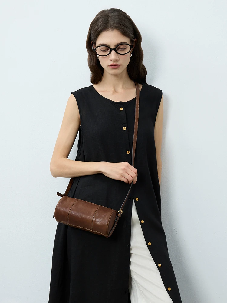 Tas Tangan Kulit Asli E House untuk Wanita, Tas Silinder, Tas Selempang, Tas Empuk, Tas Komuter, Bahan Zinc Alloy, Warna Biru