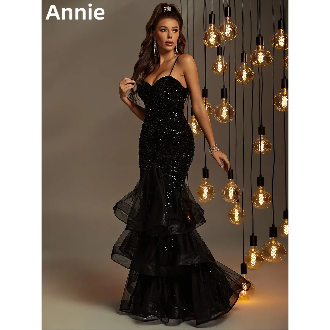 Annie Black Elegant Prom Dresses Luxury Glitter Sequins Evening Dresses Mermaid Tulle Layering Wedding Party Dress فساتين سهرة