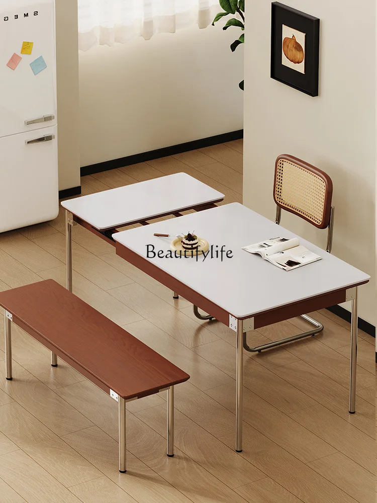 

Nordic solid wood black rock slab retractable table Japanese folding medieval dining table