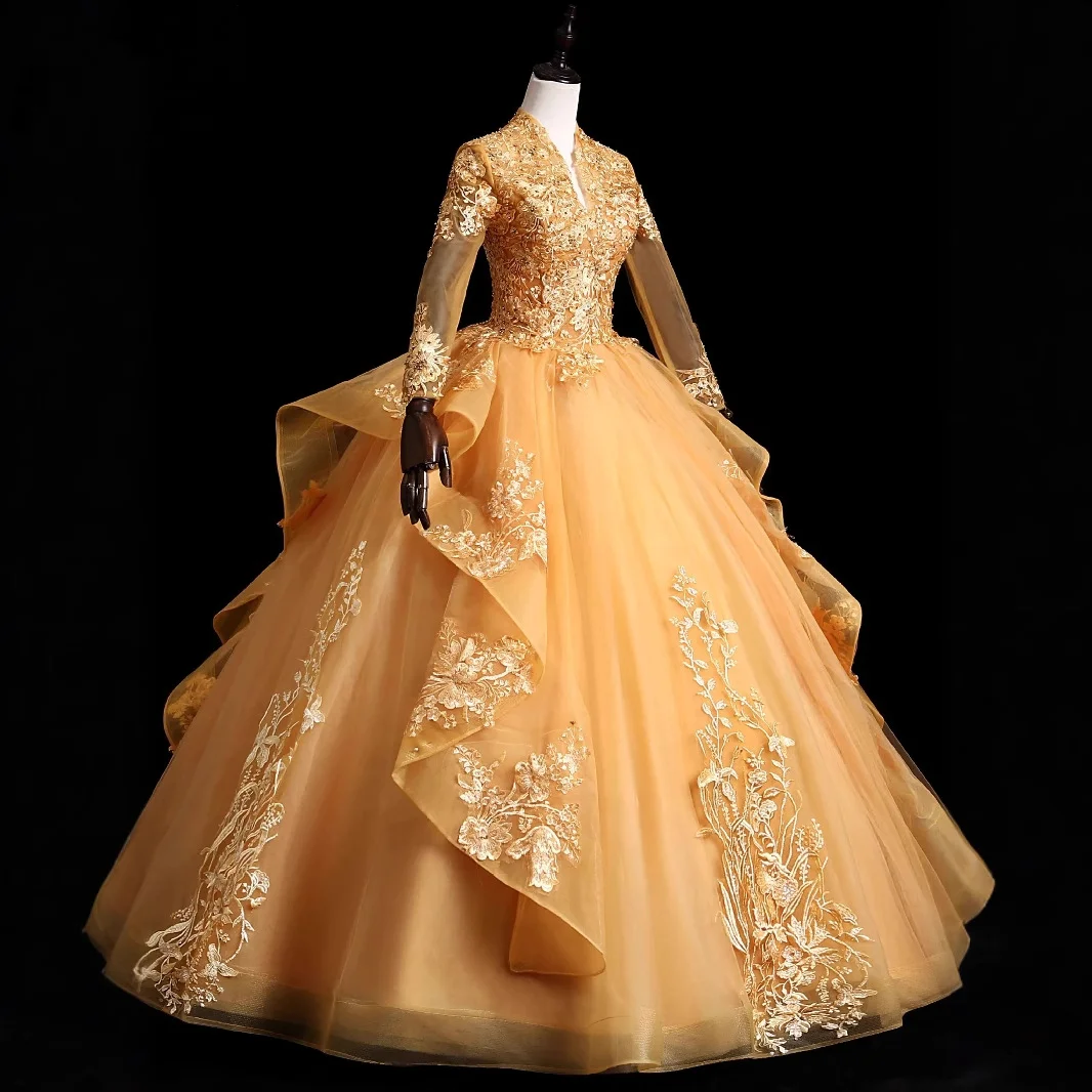 New Women's Gold Ball Gown High Neck Long Sleeve Lace Applique Prom Dress Vestidos
