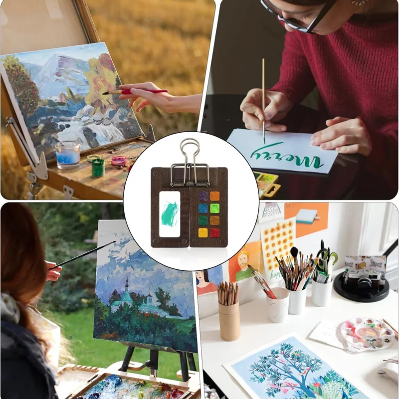 مجموعة لوحة ألوان مائية محمولة مكونة من 8 ألوان، صندوق طلاء صغير من خشب الجوز، لوحة ألوان مائية للسفر، كراسة الرسم للفنانين والطلاب