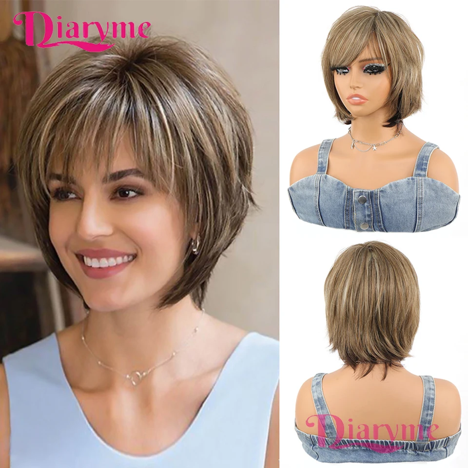 

BG Synthetic Blonde Mixed Brown Short Natural Wigs Suitable For Daily Party Pixie Cut Wig And Wedding Use Wig