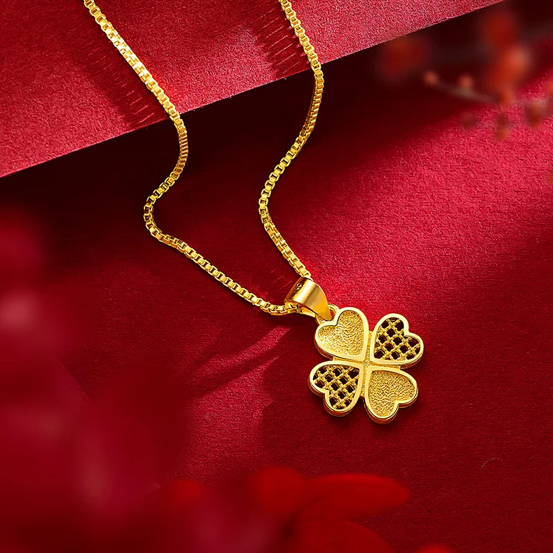 9999 Real Gold 24K Female niche popular four-leaf clover necklace ins high-end four-leaf clover love collarbone necklace