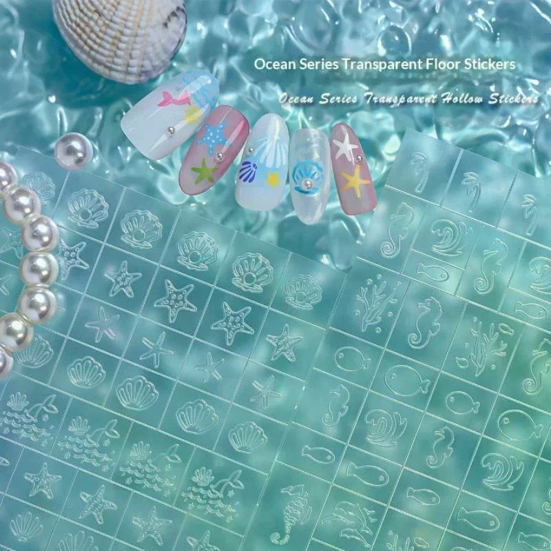 1 Sheet Ocean Hollow Line Nail Stickers Sea Horse Starfish Shell Transparent Nail Decals DIY Manicure Decor For Daily Salon Use