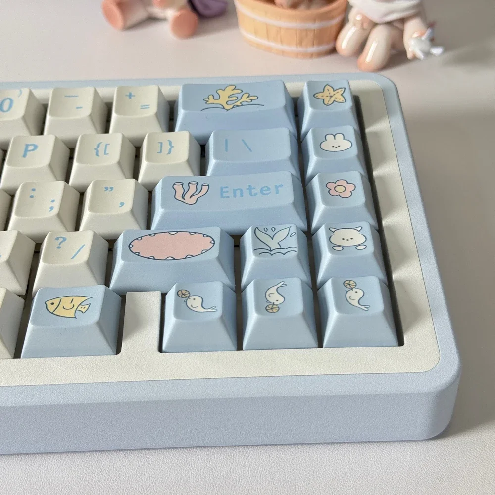 Ocean World Keycap White Simple Style Keycaps Cherry Pbt Material Sublimation Keycaps 128Keys White Blue Simple Keycap