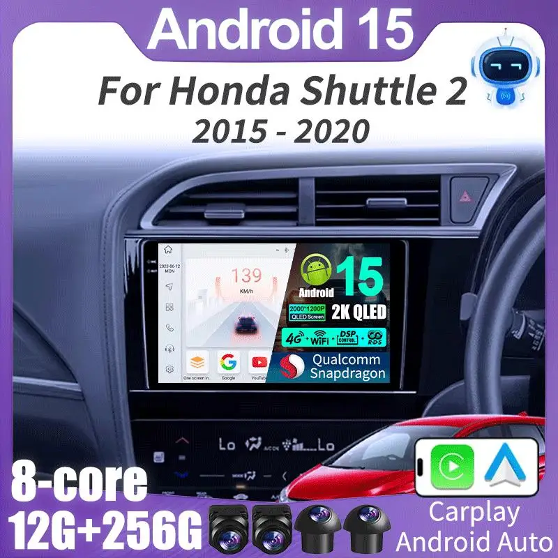 Android 15 Carplay Auto Qualcomm 2K Screen Car Radio Player For Honda Shuttle 2 2015-2020 RHD Wifi 4G navigation Stereo BT Video