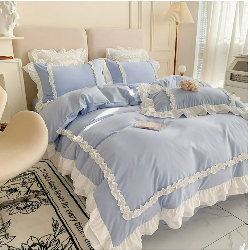 Korean Princess Style Bedding Sets Ins Lace Bowknot Duvet Cover Fitted Sheet For Girl Woman Home Bedroom Kawaii Bed Linens