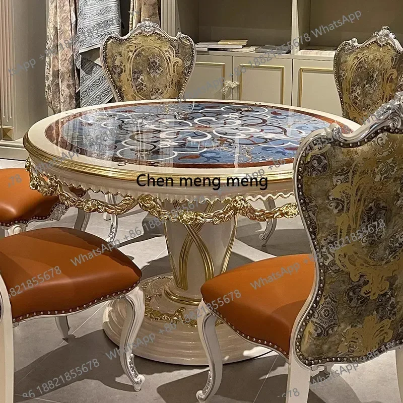 zHSolid wood round dining table and chairs, painted dining table, neo-classical, villa dining table