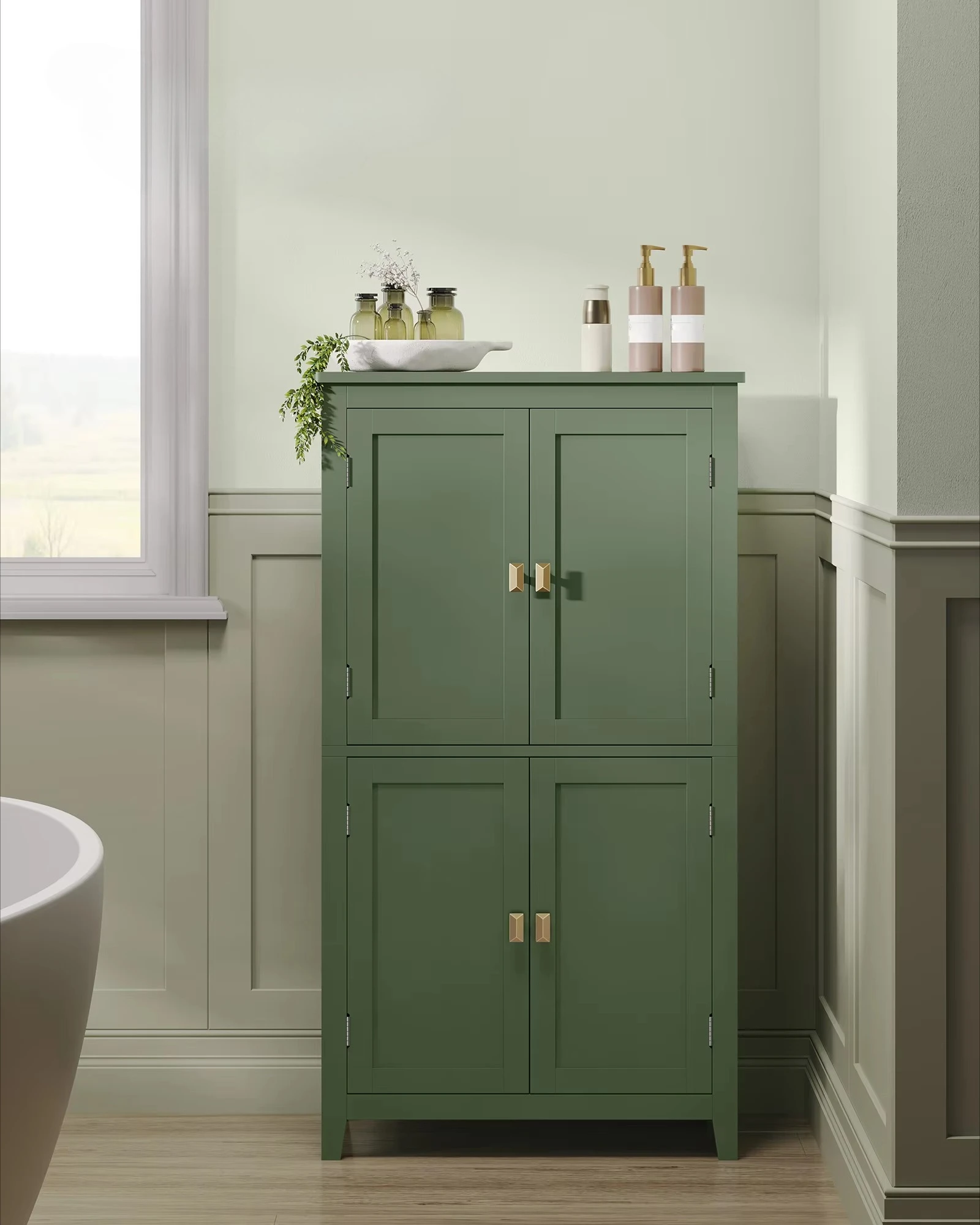 4-Door Wood Cabinet Bathroom Floor Storage with Adjustable Shelves for Home Entry Living Room Furniture