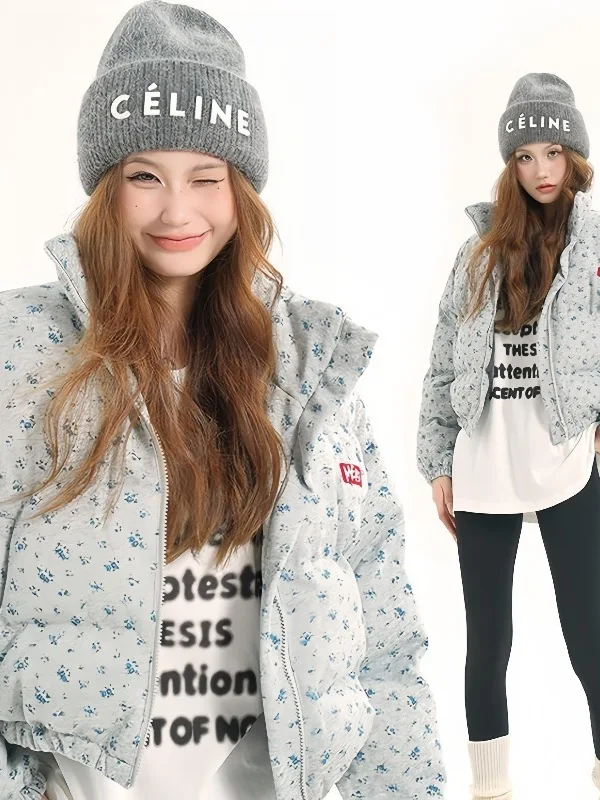 

Women's Winter Cotton Jacket Loose Fit Thickened Floral Print Warm Outerwear Korean Style Knitted Polyester Fabric Long Sleev...