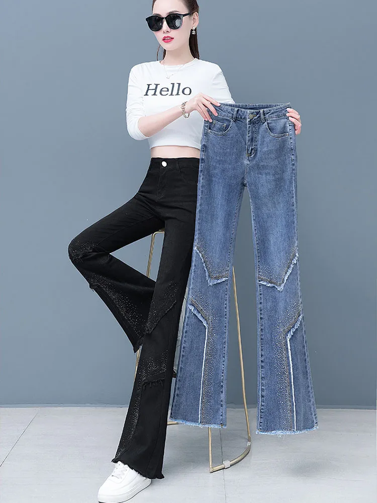 Perlen Streetwear Bootcut Jeans Damen Casual High Waist Retro Denim Hosen Fransen Breite Beine Vintage Mode Vaqueros