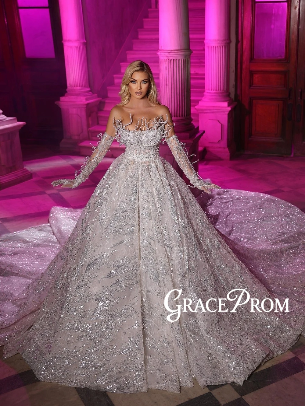 

Newest Sparkling Ball Gown Women Fashionable Strapless 3D Design Customized Wedding Dress Corset Delicate Bride Wear No Gloves