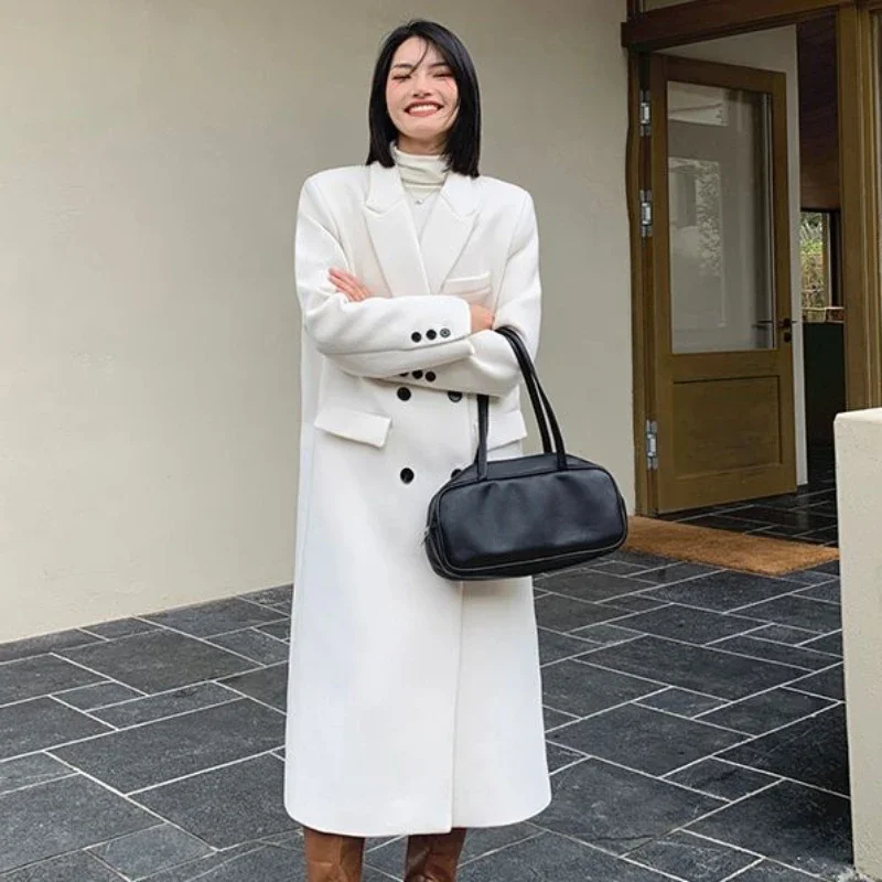 2023 nuove donne elegante bianco lungo sotto il ginocchio cappotto di lana inverno femminile alto senso moda doppio petto addensare Outwear