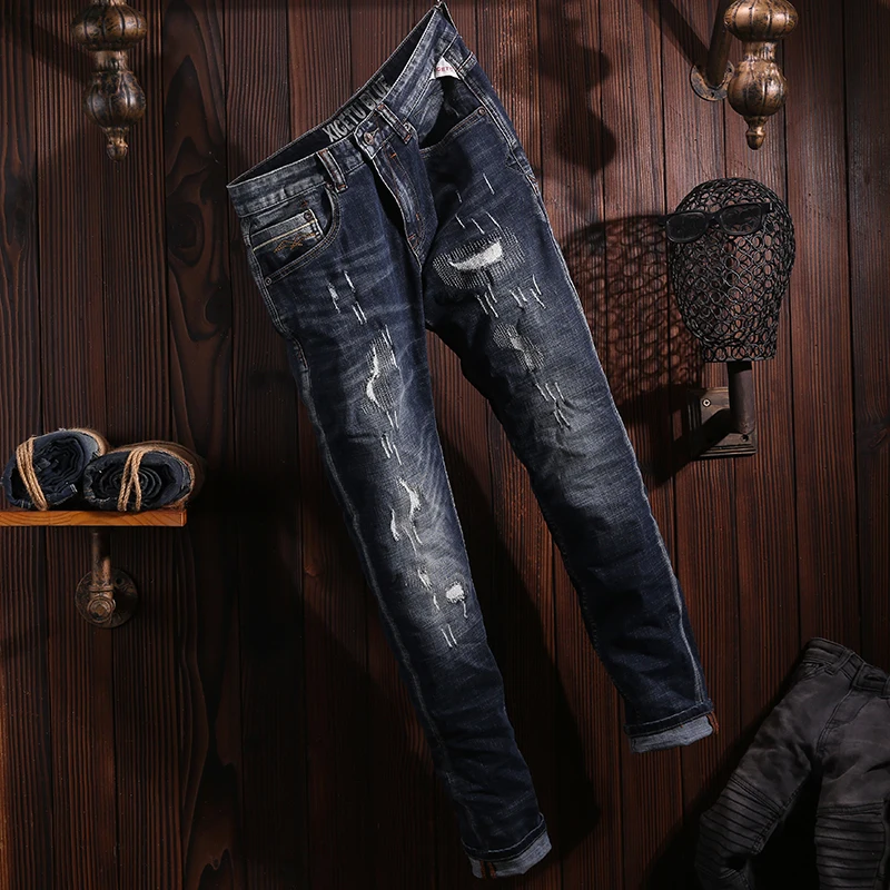 Fashion Designer Men Jeans Retro Black Blue Elastic Slim Ripped Jeans Men Embroidery Patched Vintage Trousers Denim Pants Hombre