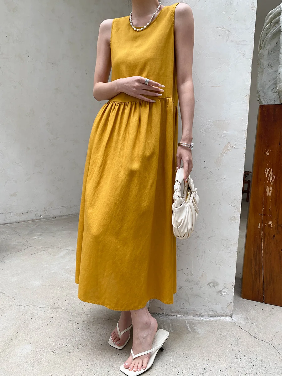 Sommerliches, lässiges, einfarbiges, ärmelloses Patchwork-Kleid mit Rundhalsausschnitt für Damen – Detail 16