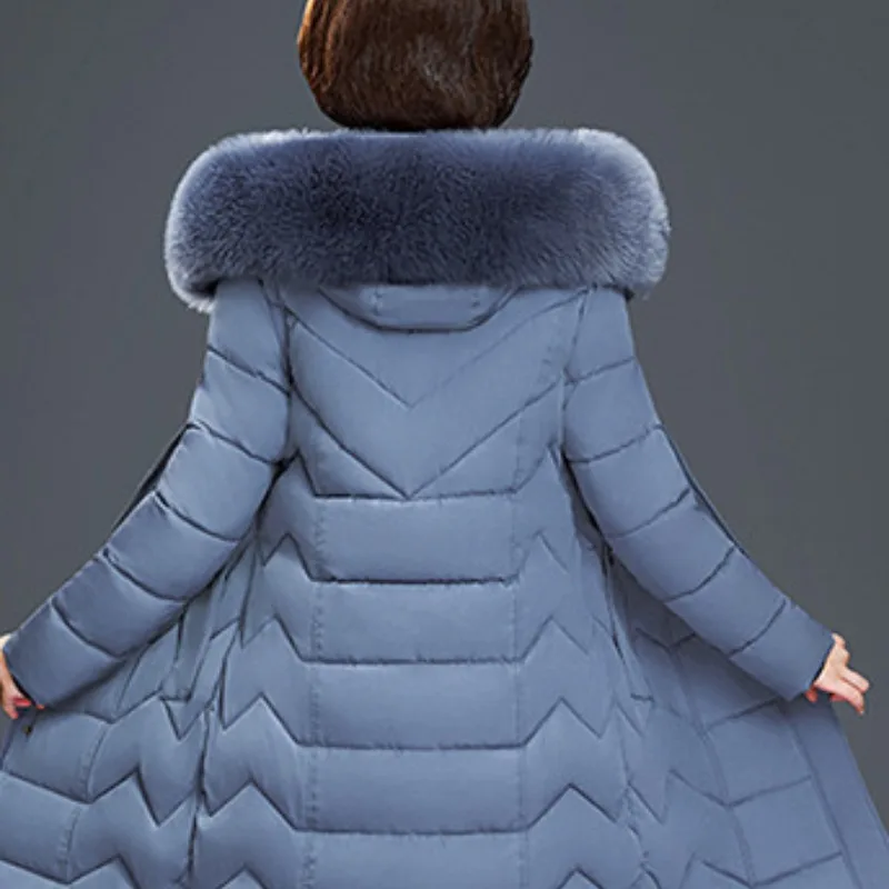 2023 neue Frauen Daunen Baumwoll mantel Winter jacke weiblich über knielangen Parkas erhöhen verdickten Pelz kragen Outwear Kapuzen mantel