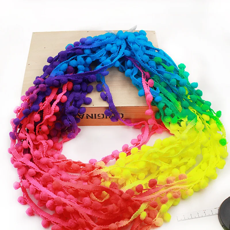 

20Yards Fade Color 10mm Rainbow Pompom Lace Ball Ribbon Fur Craft DIY Braid Wedding/Curtain Decoration Sewing Accessories