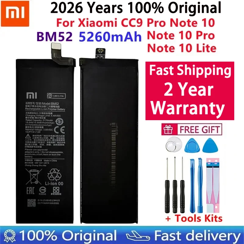 

2026 Years New Original Battery BM52 For Xiaomi Mi Note 10 Lite /Mi Note 10 Pro / CC9pro CC9 Pro 5260mAh Batteries Fast Shipping
