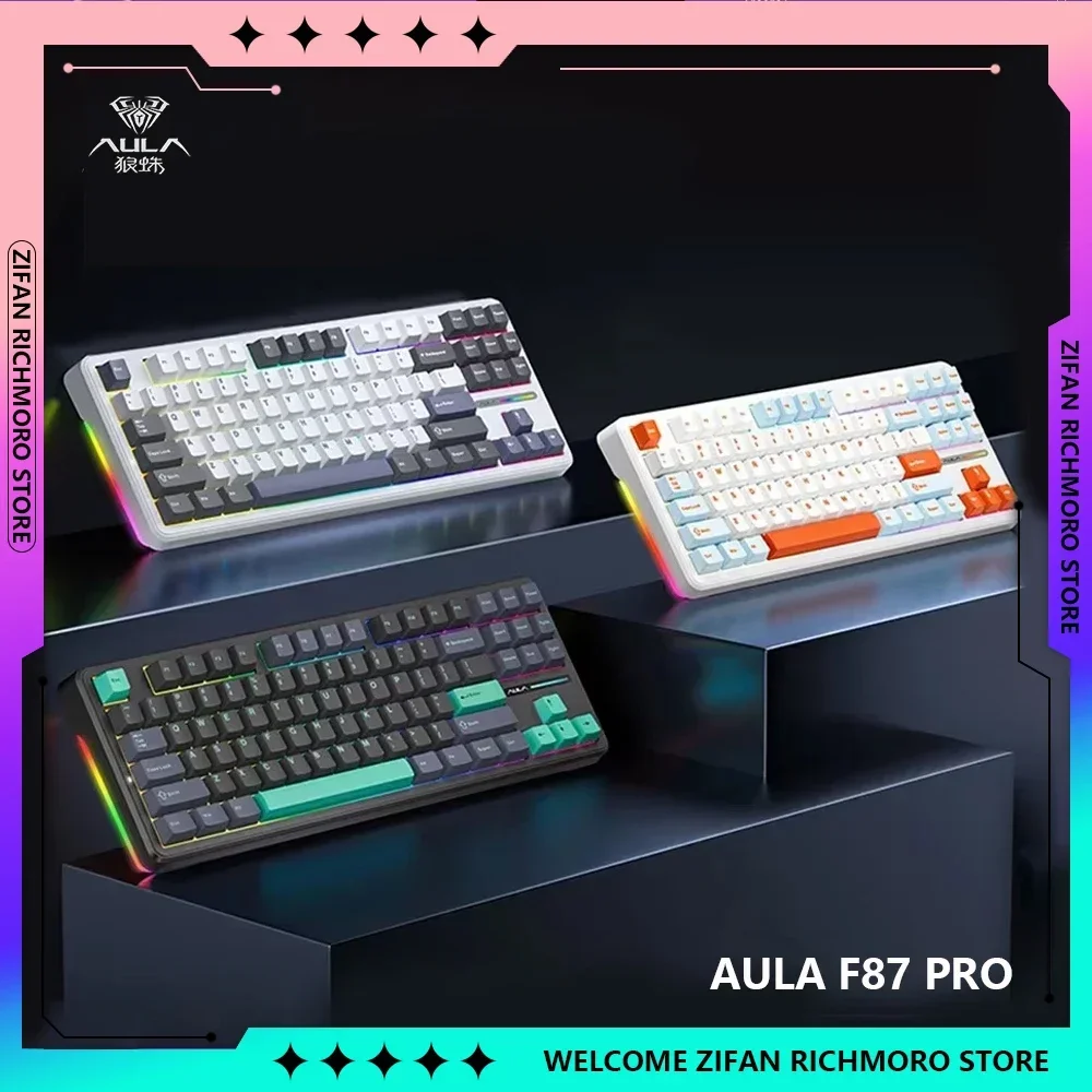 AULA F87 Pro 87 Key RGB Side Light Hot Swappable Three Mode Bluetooth Mechanical Keyboards 2.4G Wireless   for E-sports Gamer