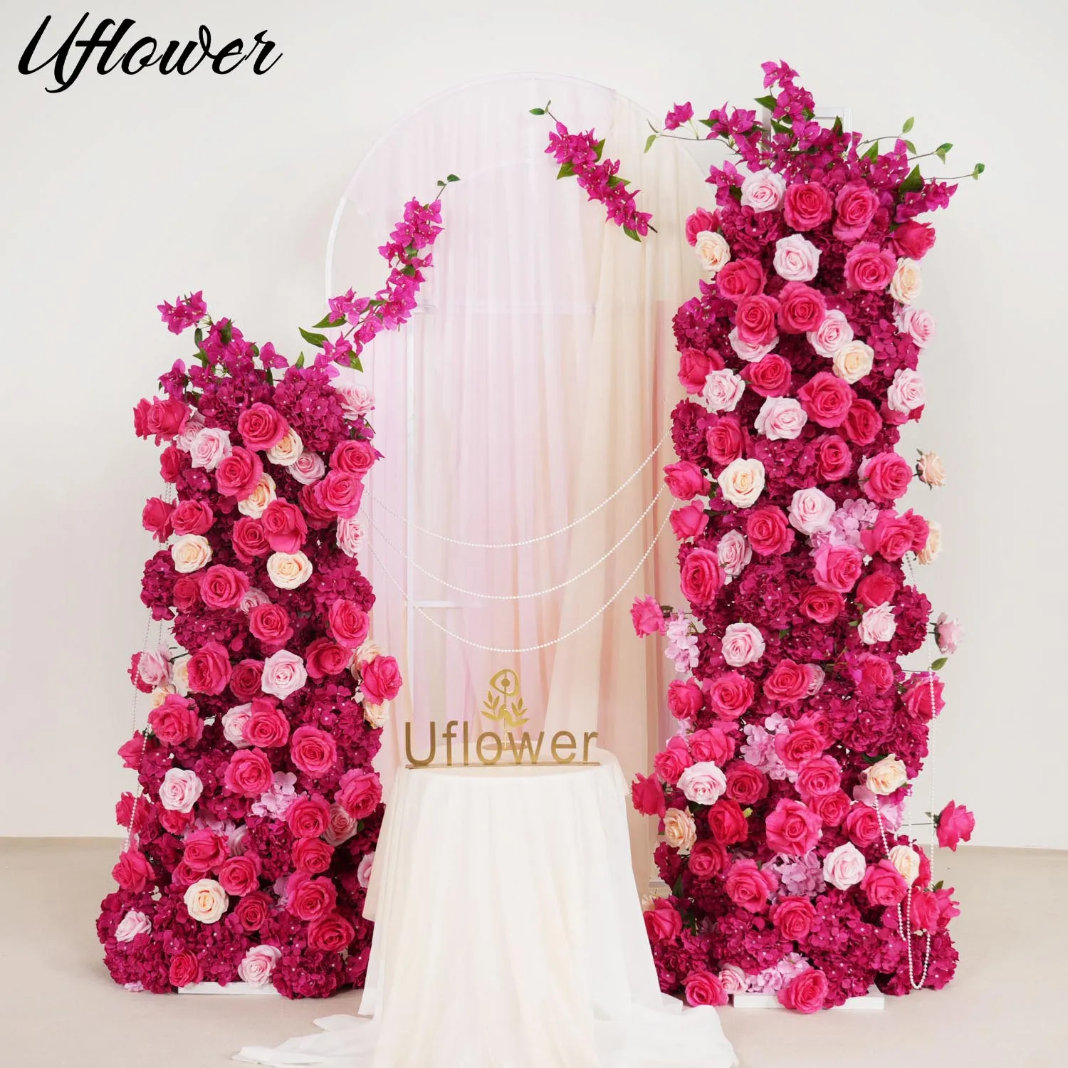 Uflower Luxury Pink Rose Artificial Flower Row Wedding Table Centerpiece Flowers Backdrop Flower Wall Arches Decor Party Stage