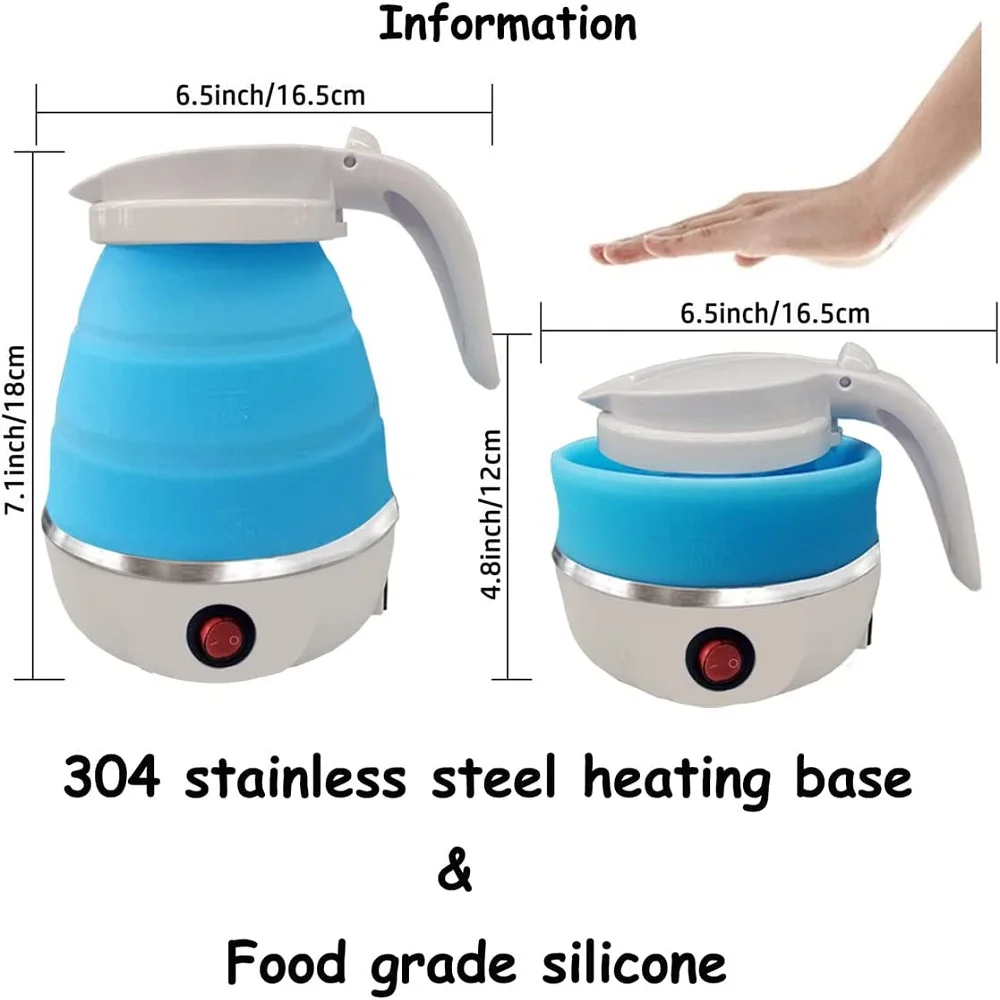 ポータブル折りたたみ式電動トラベルケトル,600ml,6分,高速沸騰,食品グレードのシリコンケトル,コーヒーティー用