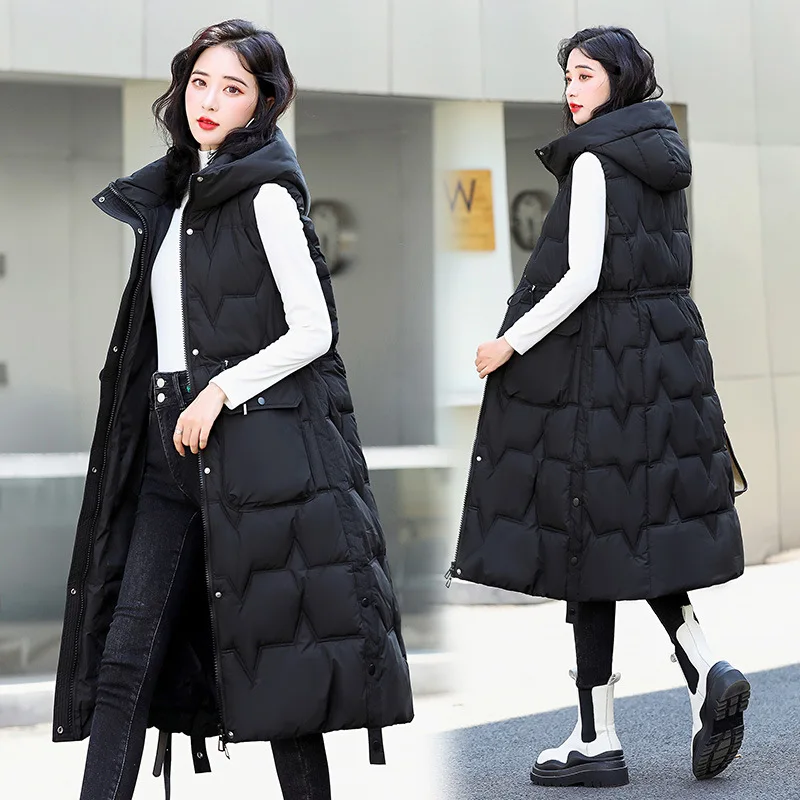 New Sleeveless Jacket Women Casual Long Down Cotton Vest Autumn Winter Warm Waistcoat Fashion Windproof Hooded Parka Overcoat