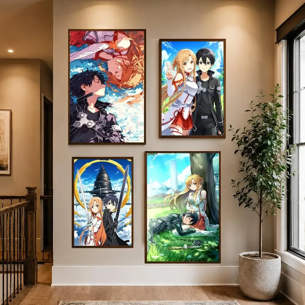 Anime Sword Online Kirito Asuna Poster HD Waterproof PP Self-Adhesive Removable Wall Art Poster Bedroom Cafe Gym Home Decor Gift