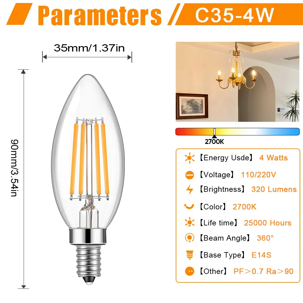 Candle Chandelier Light Bulb C35 E12 Candelabra Bulbs Vintage 4W LED Filament Clear Glass Lamp for Wall Sconces Pendant Lights